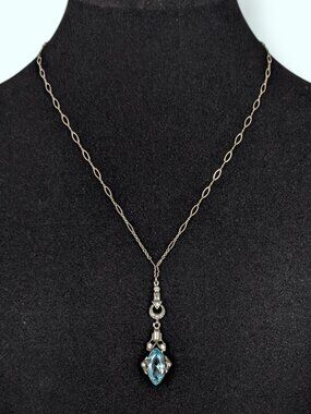 Vintage Antique Art Deco Sterling Silver Blue Paste Glass Stone Pendant Necklace